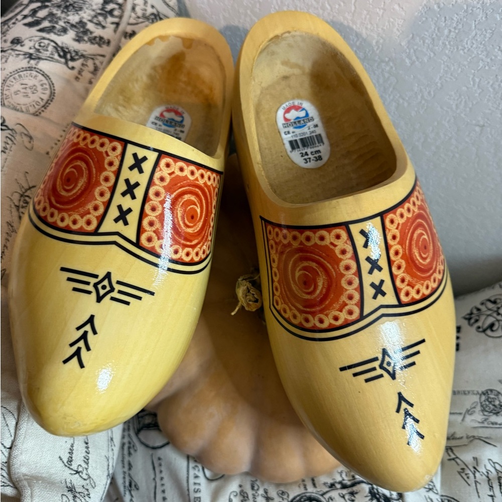 HOLLAND Yellow Wooden Clogs with Red and Black Pattern